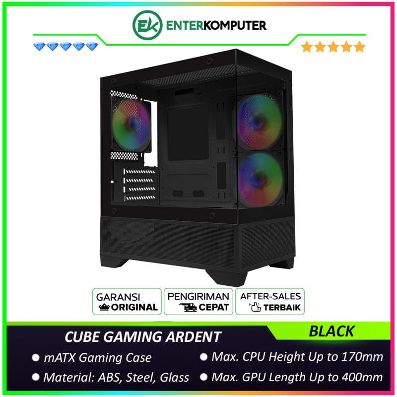 CUBE GAMING ARDENT BLACK - mATX Gaming Case - Front & Left Side Tempered Glass - Dust Filter - PSU Cover with Mesh Panel - FREE 3Pcs 120mm RGB Fan - foto 1