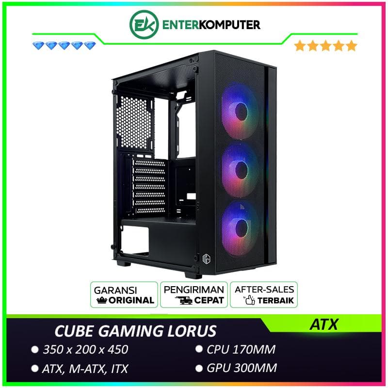 CUBE GAMING LORUS - ATX Gaming Case - Front Mesh Panel Design - Left Side Tempered Glass - PSU Cover - Dust Filter - Free 3PCS 12CM RGB FAN - foto 1