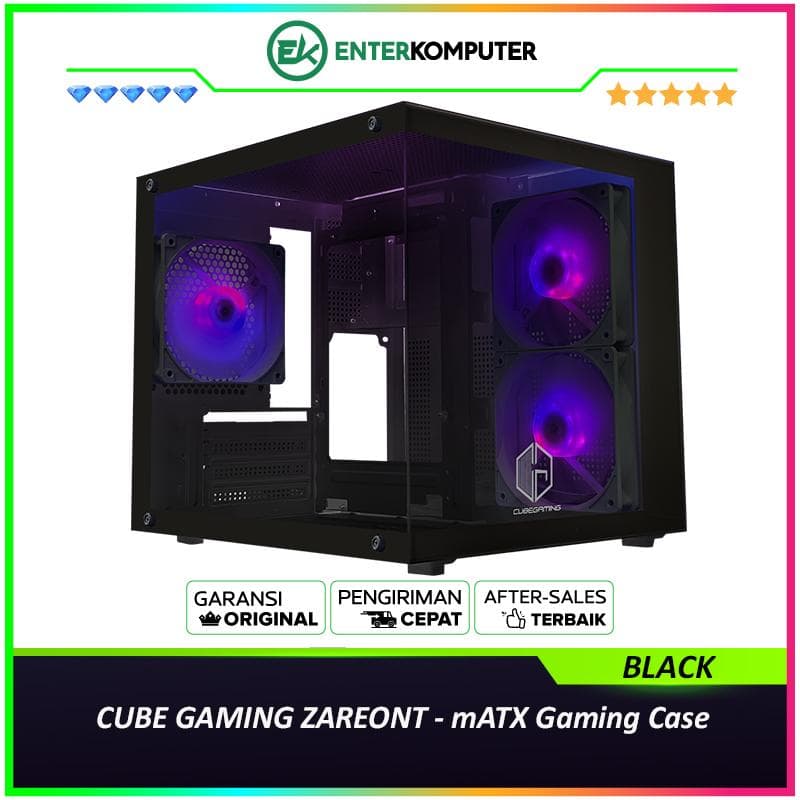 CUBE GAMING ZAREONT BLACK - mATX Gaming Case - Front & Left Side Tempered Glass - Aesthetic Mini Dual Chamber Design - Airflow Potential - Dust Filter - FREE 3Pcs 120mm RGB Fan - foto 1