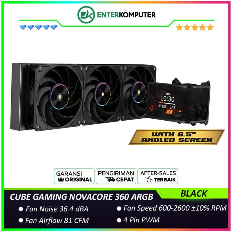 CUBE GAMING NOVACORE 360 ARGB BLACK PERFORMANCE FAN Liquid Cooler - L-Shaped 6.5 AMOLED Screen - Magnetic Rotatable Pump Head with Custom Display - foto 1