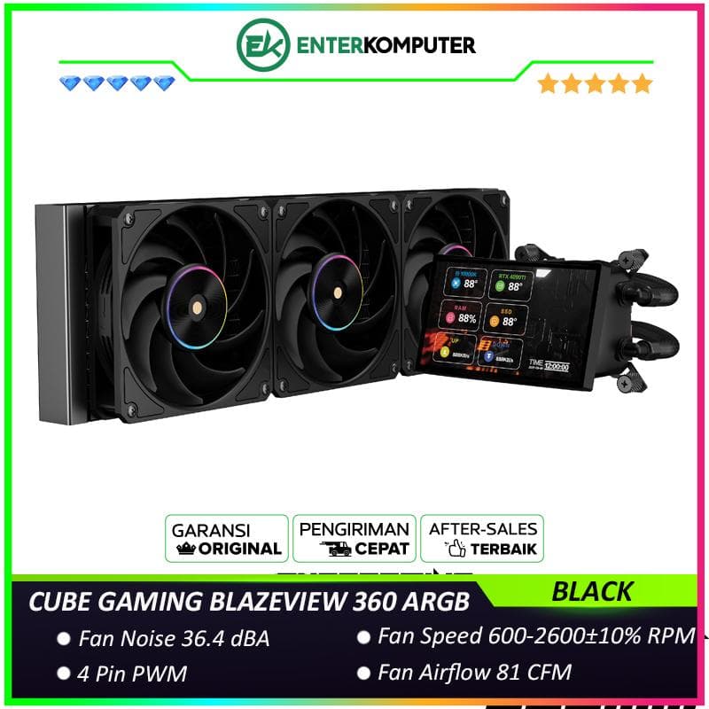 CUBE GAMING BLAZEVIEW 360 ARGB BLACK PERFORMANCE FAN Liquid Cooler - 5 IPS Screen Display - Magnetic Rotatable Pump Head with Custom Display - foto 1