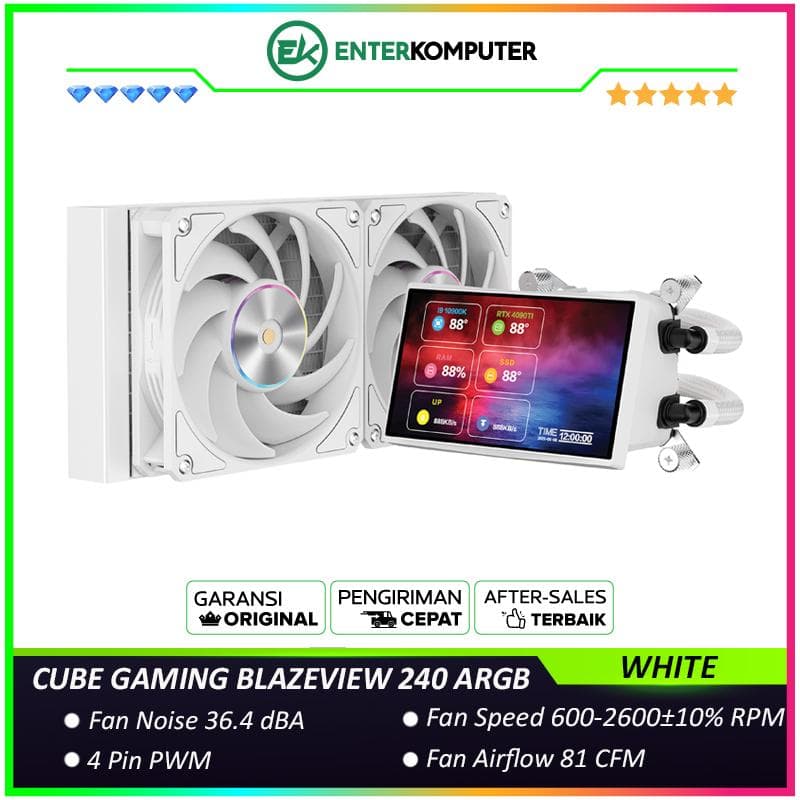 CUBE GAMING BLAZEVIEW 240 ARGB WHITE PERFORMANCE FAN Liquid Cooler - 5 IPS Screen Display - Magnetic Rotatable Pump Head with Custom Display - foto 1