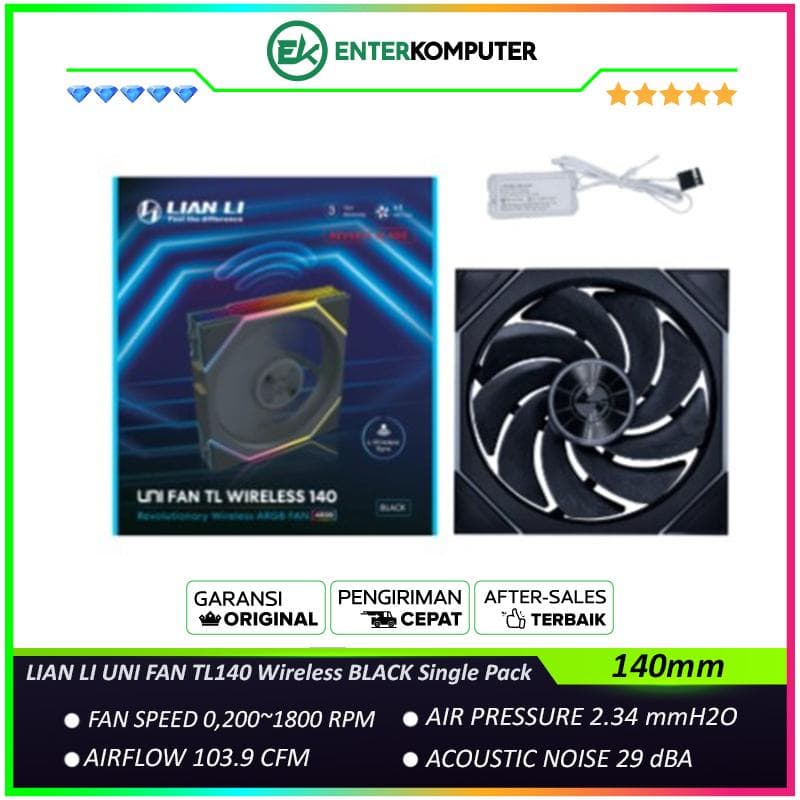 LIAN LI UNI FAN TL140 Wireless BLACK Single Pack - ART of Cooling Redefined - Dual Zone Lighting Effects - Customisable Fan Speed and Dazzle with Infinity Mirror - 14TL1W1B - foto 1
