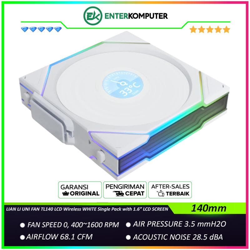 LIAN LI UNI FAN TL140 LCD Wireless WHITE Single Pack with 1.6” LCD SCREEN - Dual Zone Lighting Effects - Empower with Customisable Display & Customisable Fan Speed - Dazzle with Infinity Mirror - 14TLLCD1W1W - foto 1