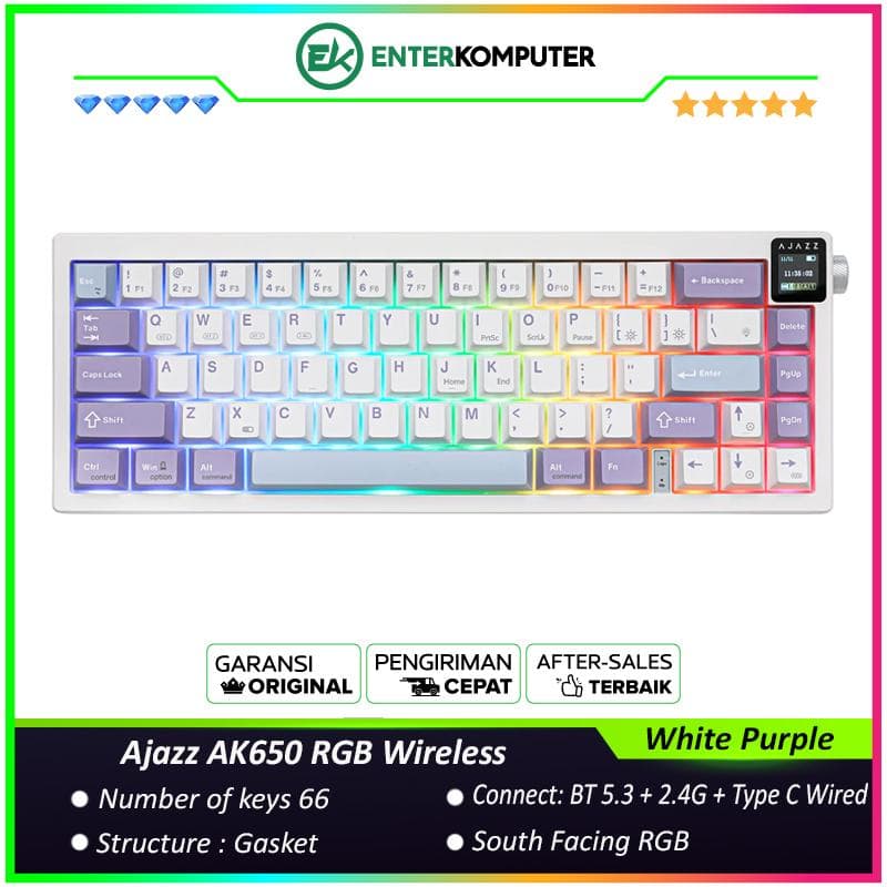 Ajazz AK650 RGB Wireless Mechanical Keyboard with TFT Display Screen & Knob - Flying Fish Switch - White Purple - foto 1