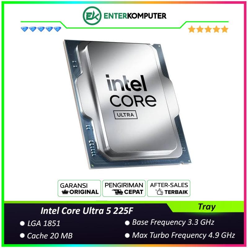 Intel Core Ultra 5 225F 3.3GHz Up To 4.9GHz - Cache 20MB [Tray] Socket LGA 1851 - Arrow Lake Series - Garansi 3Thn - foto 1
