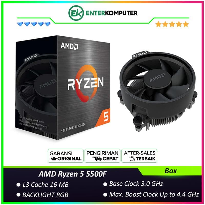 AMD Ryzen 5 5500F 3.0Ghz Up To 4.4Ghz Cache 16MB 65W AM4 [Box] - 6 Core - 100-100001905BOX - with Wraith Stealth Cooler - foto 1