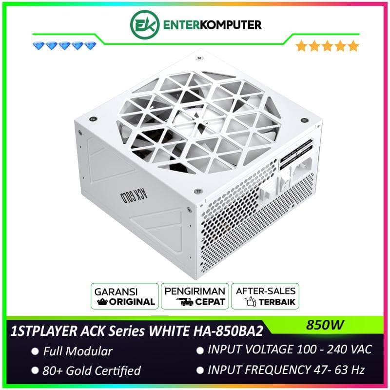 1STPLAYER ACK Series 850W WHITE HA-850BA2 Cybenetics and 80+ Gold Certified with Embossed Cable - ATX3.1 and PCIe 5.1 Ready - Active PFC - 140MM Hydraulic Bearing - Premium Quality Capacitors - 7 Years Warranty - foto 1