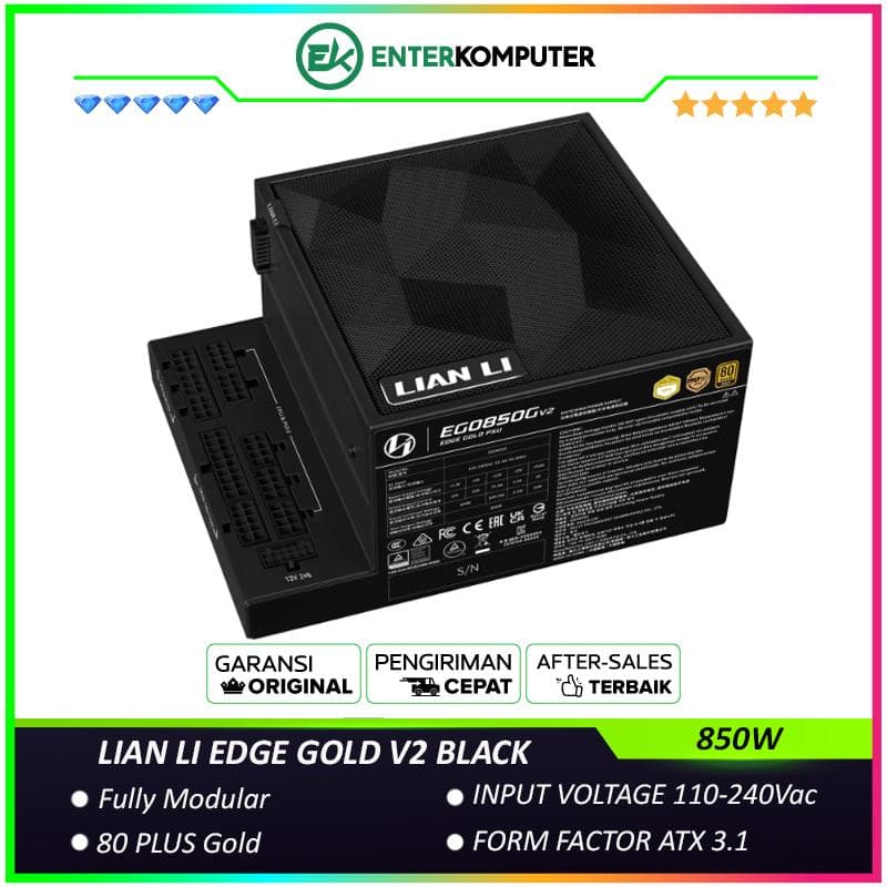 LIAN LI EDGE GOLD V2 850W BLACK with L-Shape Design - Fully Modular - 80+ Gold Certified - Cybenetics ATX 3.1 - PCIE 5.1 Ready - 10 Years Warranty Replacement - foto 1