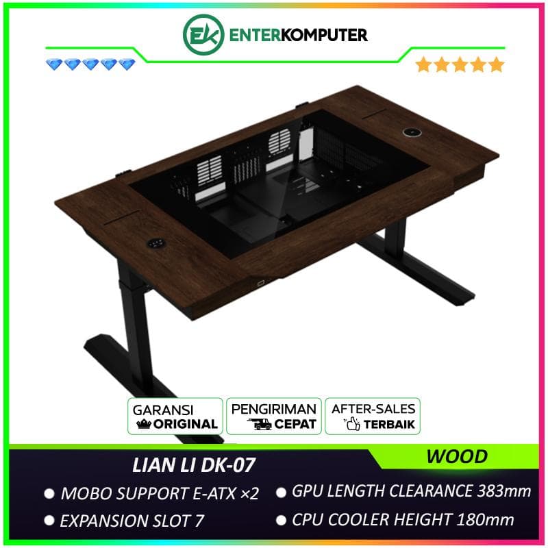 LIAN LI DK-07 WOOD - Premium Motorized Standing Desk & PC Case - Support Dual E-ATX System up to 480mm Radiator - Real Dark Walnut Wood Tabletop with Wireless Charging - foto 1