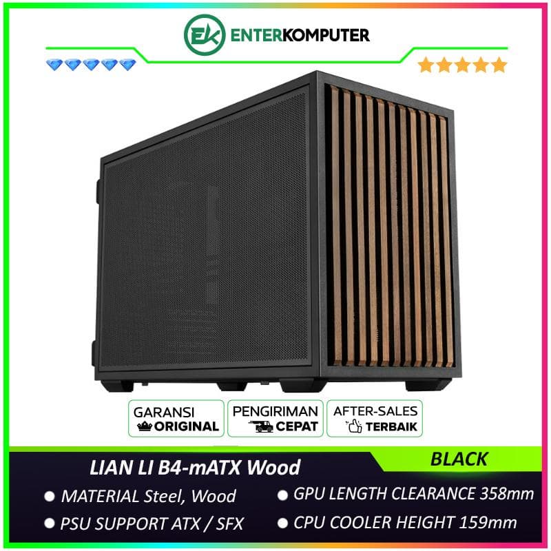 LIAN LI B4-mATX Wood BLACK - Walnut Wood Front - Supports Both Horizontal and Vertical Layouts - USB Type C Included - Free 2Pcs 120mm Slim Fans - foto 1