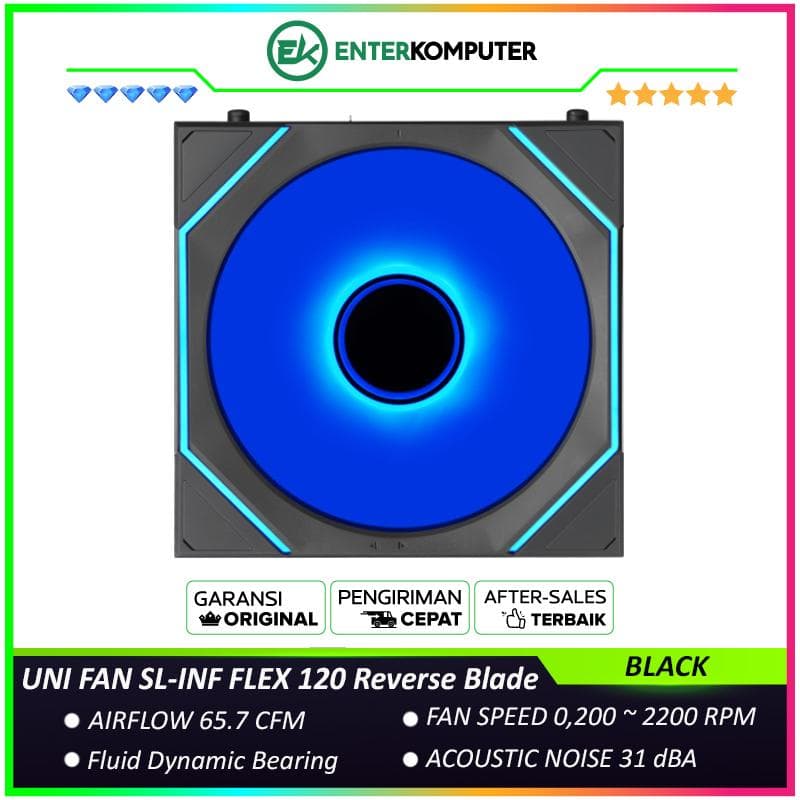 LIAN LI UNI FAN SL-INF FLEX 120 Reverse Blade BLACK Single Pack - Multiple Control Modes - Three-Zone ARGB Lighting with Fan Blade - Side Infinity Mirror and Edge Lighting Effects - 12RSLIN1F1B - foto 1