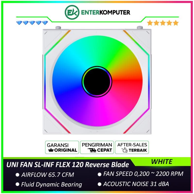 LIAN LI UNI FAN SL-INF FLEX 120 Reverse Blade WHITE Single Pack - Multiple Control Modes - Three-Zone ARGB Lighting with Fan Blade - Side Infinity Mirror and Edge Lighting Effects - 12RSLIN1F1W - foto 1