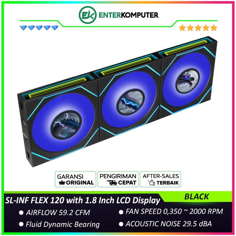 LIAN LI UNI FAN SL-INF FLEX 120 BLACK Triple Pack with 1.8 Inch LCD Display - Multiple Control Modes - Three-Zone ARGB Lighting with Fan Blade - Side Infinity Mirror and Edge Lighting Effects - 12SLIND1F3B - foto 1