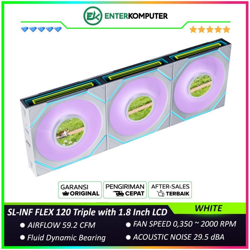 LIAN LI UNI FAN SL-INF FLEX 120 WHITE Triple Pack with 1.8 Inch LCD Display - Multiple Control Modes - Three-Zone ARGB Lighting with Fan Blade - Side Infinity Mirror and Edge Lighting Effects - 12SLIND1F3W - foto 1
