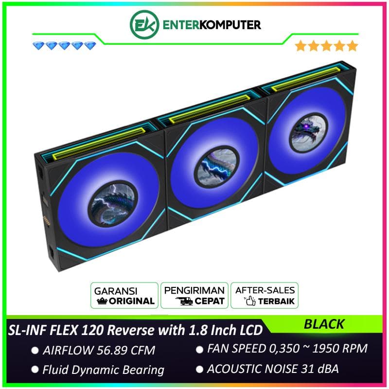 LIAN LI UNI FAN SL-INF FLEX 120 Reverse Blade BLACK Triple Pack with 1.8 Inch LCD Display - Multiple Control Modes - Three-Zone ARGB Lighting with Fan Blade - Side Infinity Mirror and Edge Lighting Effects - 12RSLIND1F3B - foto 1