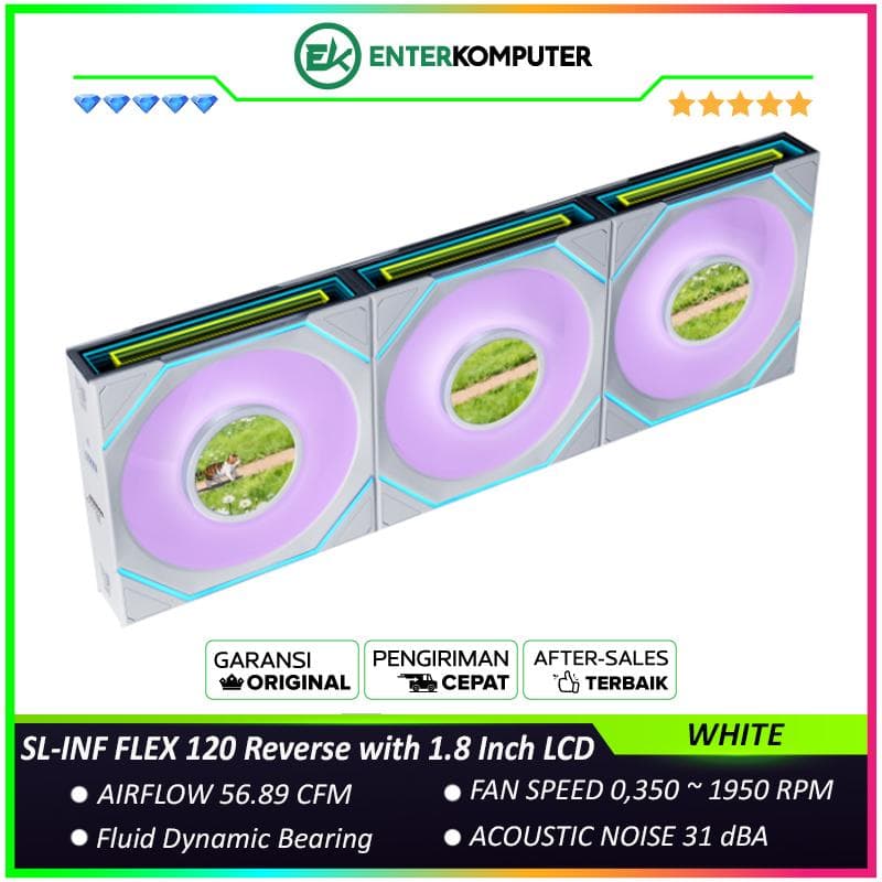 LIAN LI UNI FAN SL-INF FLEX 120 Reverse Blade WHITE Triple Pack with 1.8 Inch LCD Display - Multiple Control Modes - Three-Zone ARGB Lighting with Fan Blade - Side Infinity Mirror and Edge Lighting Effects - 12RSLIND1F3W - foto 1