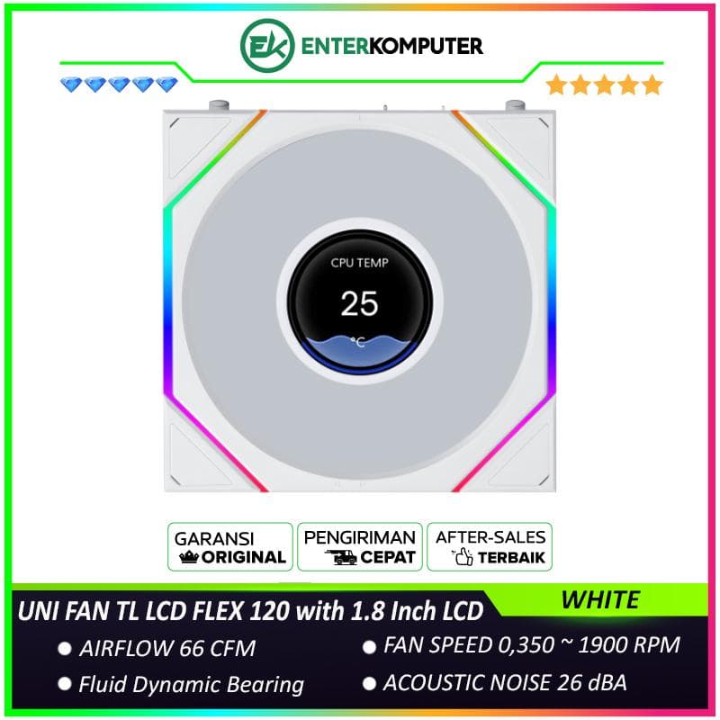 LIAN LI UNI FAN TL LCD FLEX 120 WHITE Single Pack with 1.8 Inch LCD Display - Multiple Control Modes - Infinity Mirror ARGB Lighting with A Cleaner - Unified Visual Design - 12TLLCD1F1W - foto 1