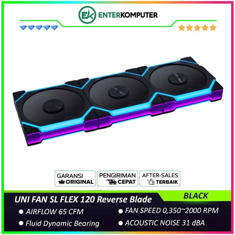 LIAN LI UNI FAN SL FLEX 120 Reverse Blade BLACK Triple Pack with Controller - Dual Control Modes - Dual-Sided Infinity Mirrors and Independently Controlled ARGB Zones Create Layered Illumination From Every Angle - 12RSL1F3B - foto 1
