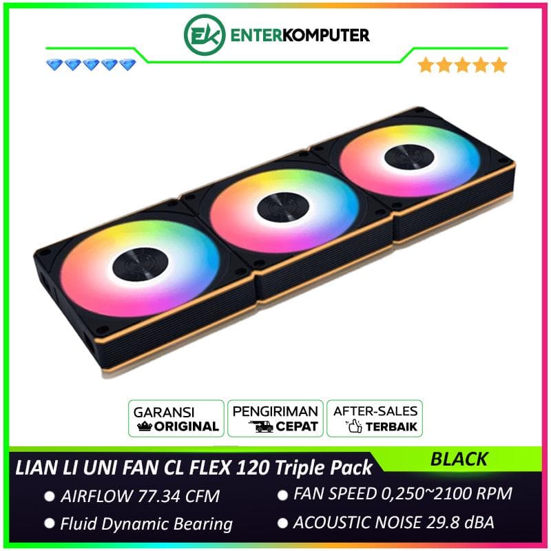 LIAN LI UNI FAN CL FLEX 120 BLACK Triple Pack with Controller - Dual Control Modes - Dual-Zone RGB Lighting Enables Independent Control of The Fan Blades and Side Light Strips - 12CL1F3B - foto 1