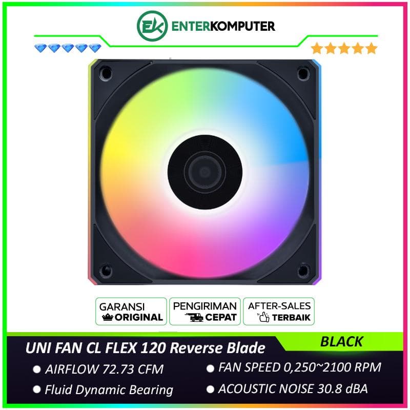 LIAN LI UNI FAN CL FLEX 120 Reverse Blade BLACK Single Pack - Dual Control Modes - Dual-Zone RGB Lighting Enables Independent Control of The Fan Blades and Side Light Strips - 12RCL1F1B - foto 1