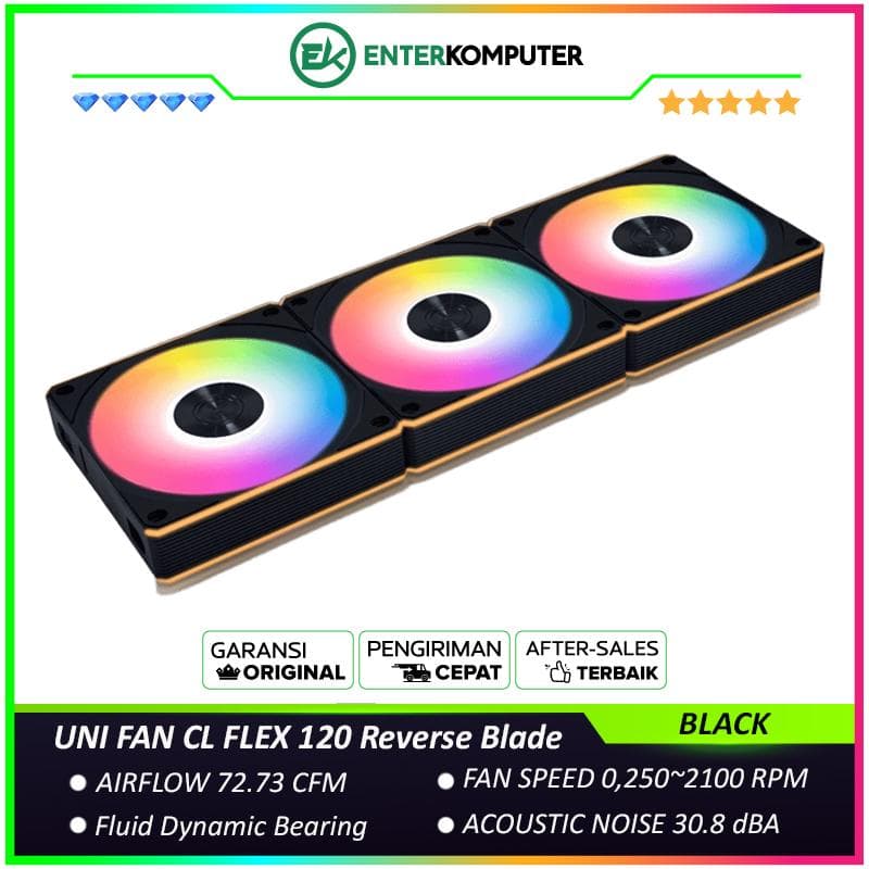LIAN LI UNI FAN CL FLEX 120 Reverse Blade BLACK Triple Pack with Controller - Dual Control Modes - Dual-Zone RGB Lighting Enables Independent Control of The Fan Blades and Side Light Strips - 12RCL1F3B - foto 1