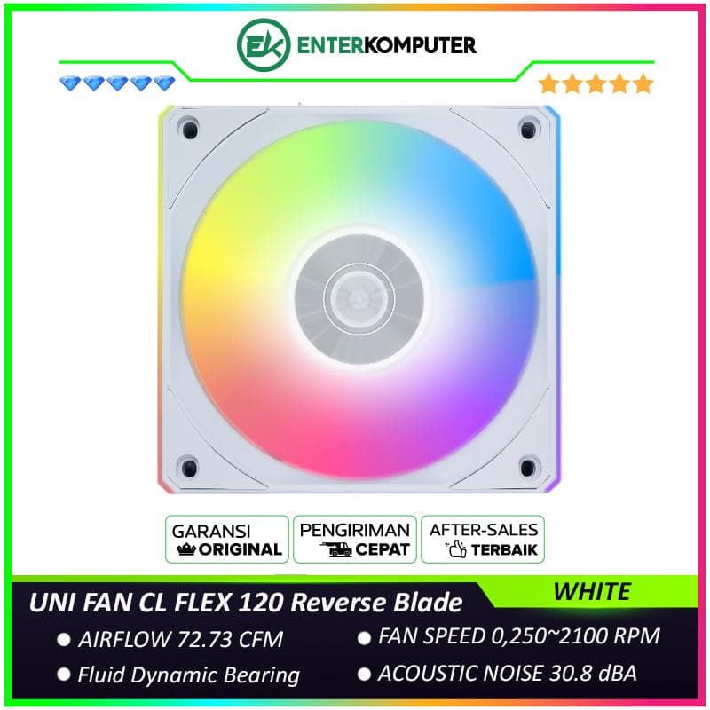 LIAN LI UNI FAN CL FLEX 120 Reverse Blade WHITE Single Pack - Dual Control Modes - Dual-Zone RGB Lighting Enables Independent Control of The Fan Blades and Side Light Strips - 12RCL1F1W - foto 1