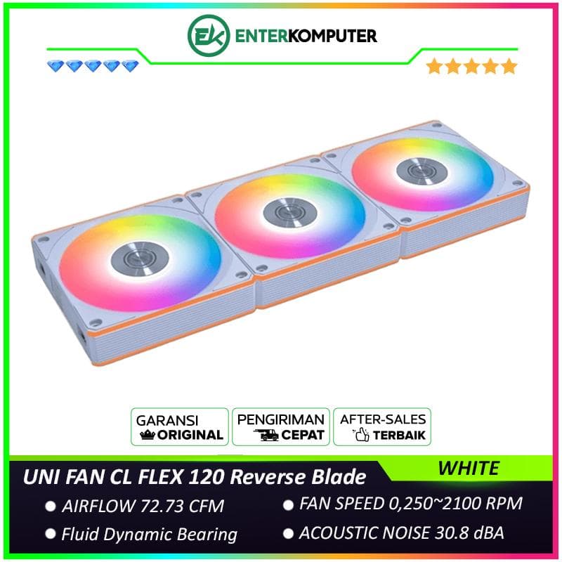 LIAN LI UNI FAN CL FLEX 120 Reverse Blade WHITE Triple Pack with Controller - Dual Control Modes - Dual-Zone RGB Lighting Enables Independent Control of The Fan Blades and Side Light Strips - 12RCL1F3W - foto 1