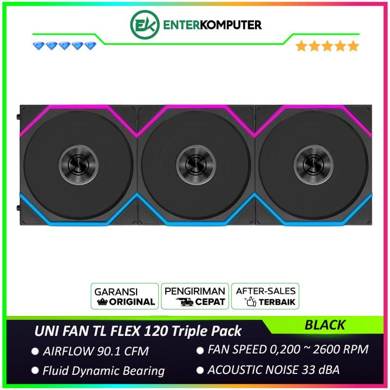 LIAN LI UNI FAN TL FLEX 120 BLACK Triple Pack with Controller - Multiple Control Modes - Infinity Mirror ARGB Lighting with A Cleaner - Unified Visual Design - 12TL1F3B - foto 1