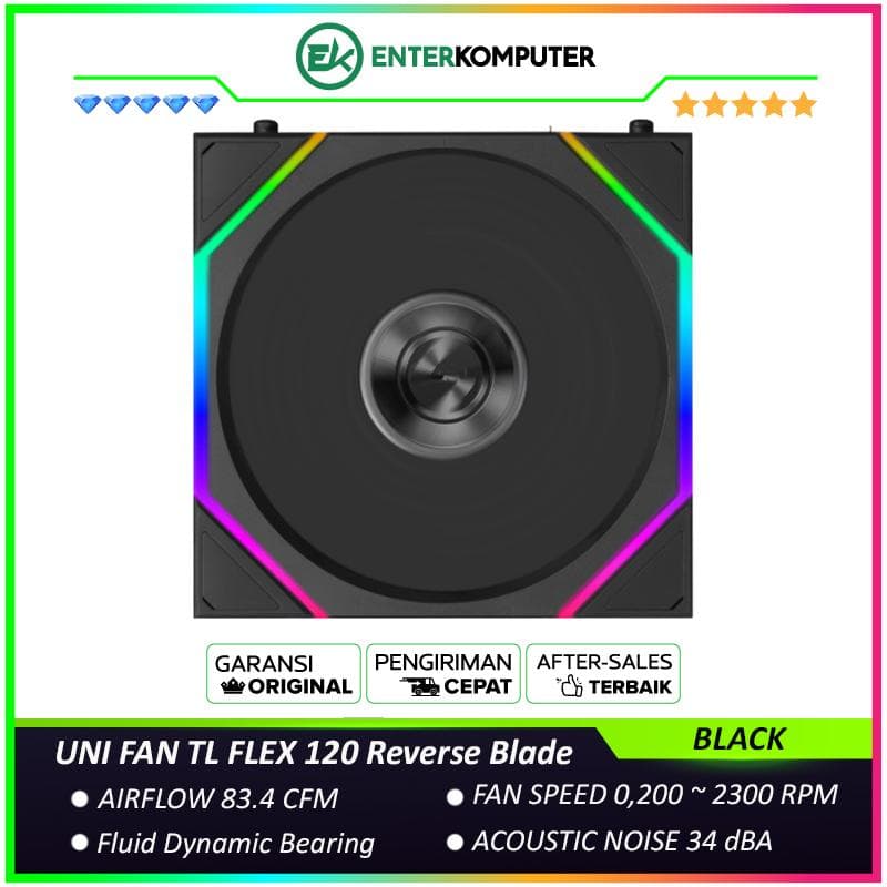 LIAN LI UNI FAN TL FLEX 120 Reverse Blade BLACK Single Pack - Multiple Control Modes - Infinity Mirror ARGB Lighting with A Cleaner - Unified Visual Design - 12RTL1F1B - foto 1