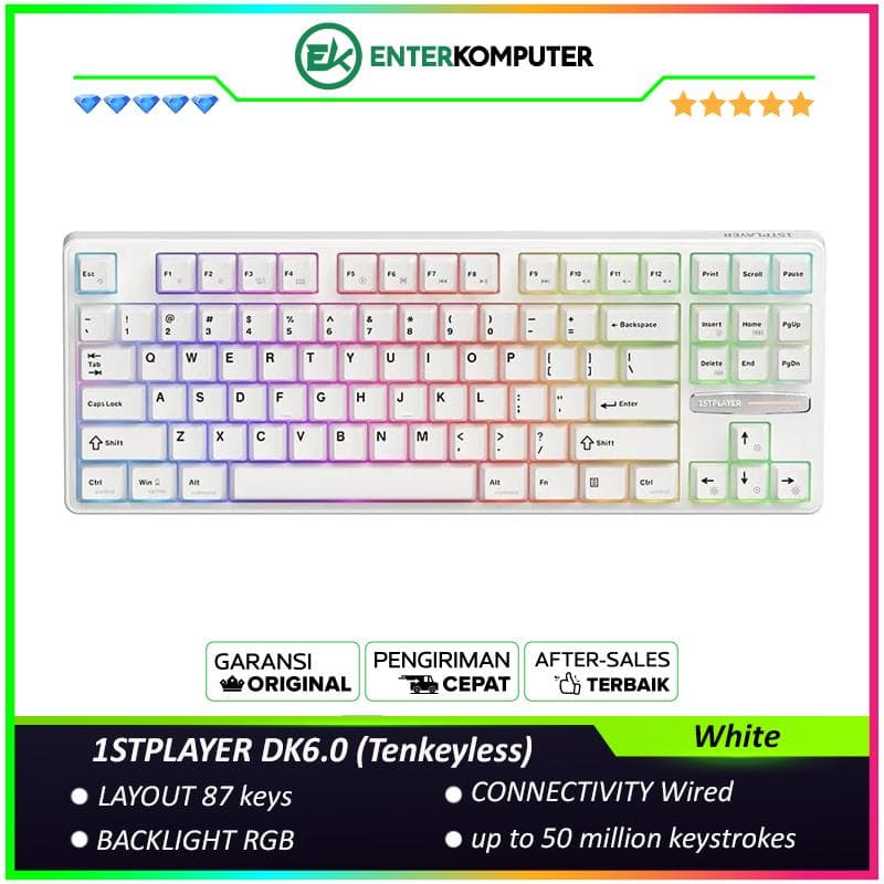 1STPLAYER DK6.0 White (Tenkeyless) Gaming Mechanical Keyboard 87 Keys Layout (Red Switch) - Gasket Structure - RGB Backligting - ABS Keycap - Side Decorative Light Design - foto 1