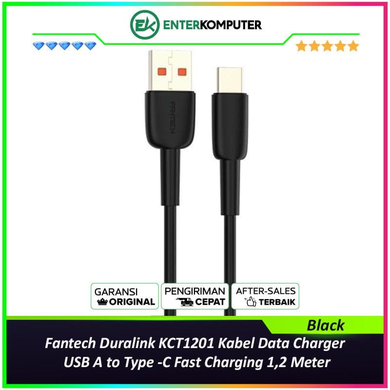 Fantech Duralink KCT1201 Kabel Data Charger USB A to Type -C Fast Charging 1,2 Meter - Black - foto 1