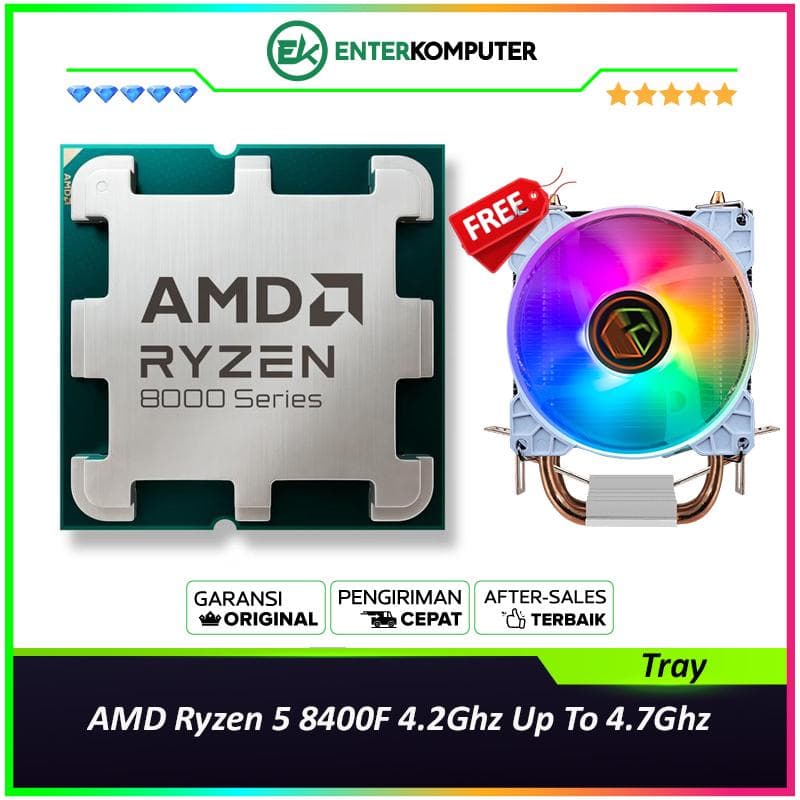 AMD Ryzen 5 8400F 4.2Ghz Up To 4.7Ghz Cache 16MB 65W AM5 [Tray] - 6 Core - NEW UNIT - 1 Years Warranty Replacement (with CUBE GAMING WIND V2 - 2 Copper Heat Pipes - Mirror RGB TOP Cover - Gaming CPU Cooler Rainbow Led) - foto 1