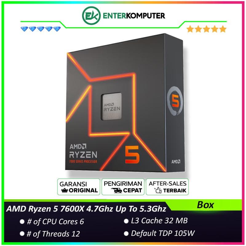 AMD Ryzen 5 7600X 4.7Ghz Up To 5.3Ghz Cache 32MB 105W AM5 [Box] - 6 Core - 100-100000593WOF - foto 1