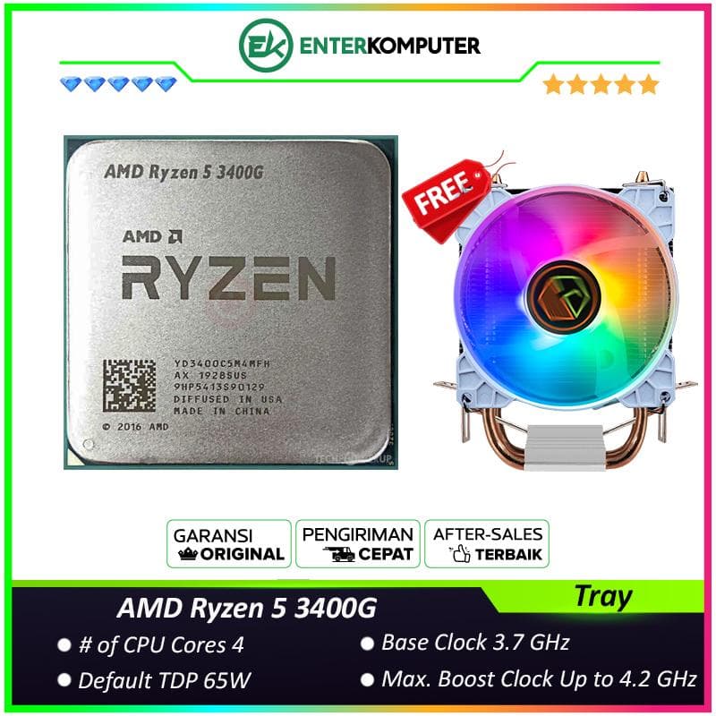 AMD Ryzen 5 3400G 3.7Ghz Up To 4.2Ghz Cache 4MB 65W AM4 [Tray] - 4 Core - NEW UNIT - 1 Years Warranty Replacement (with CUBE GAMING WIND V2 - 2 Copper Heat Pipes - Mirror RGB TOP Cover - Gaming CPU Cooler Rainbow Led) - foto 1