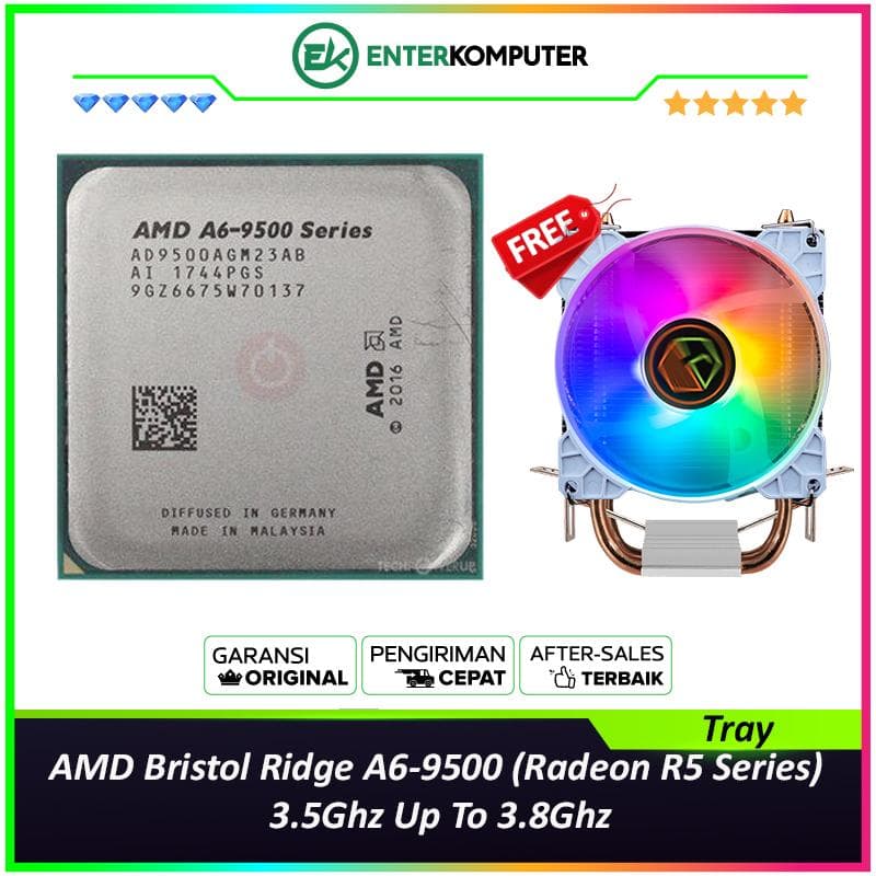 AMD Bristol Ridge A6-9500 (Radeon R5 Series) 3.5Ghz Up To 3.8Ghz Cache 1MB 65W Socket AM4 [Tray] - 3 Core - NEW UNIT (with CUBE GAMING WIND V2 - 2 Copper Heat Pipes - Mirror RGB TOP Cover - Gaming CPU Cooler Rainbow Led) - 1 Years Warranty Replacement - foto 1