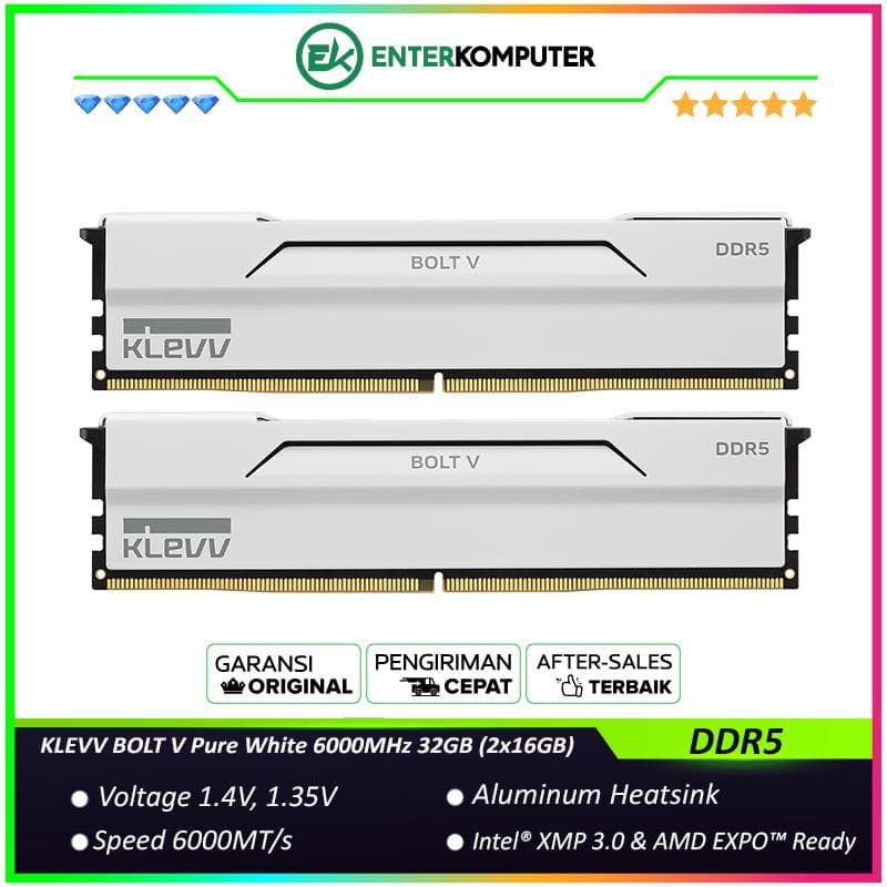 KLEVV BOLT V Pure White DDR5 PC48000 6000MHz 32GB (2x16GB) 28-36-36-76 - KD5AGUA80-60B280I - foto 1