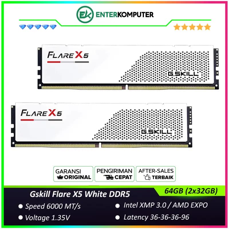 Gskill Flare X5 White DDR5 PC48000 6000MHz 64GB (2x32GB) 36-36-36-96 - F5-6000J3636F32GX2-FX5W - foto 1