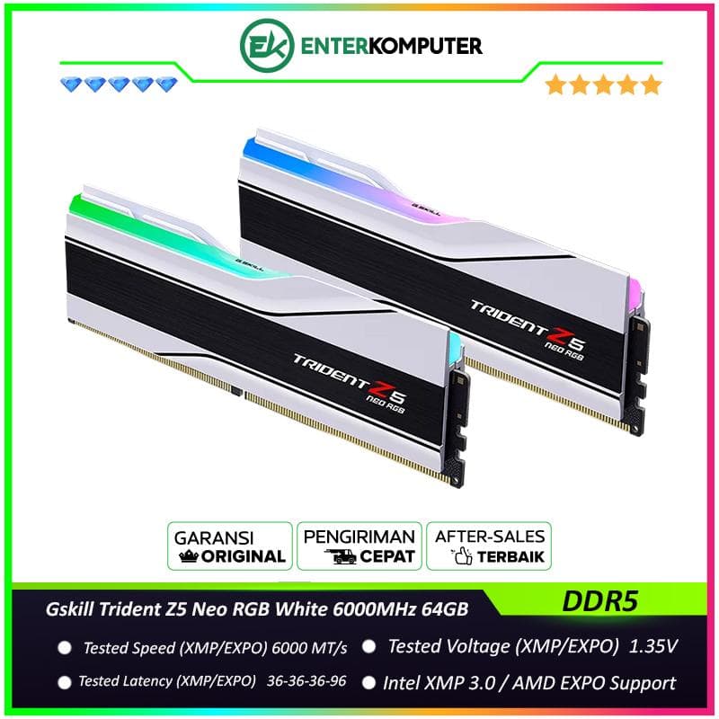 Gskill Trident Z5 Neo RGB White DDR5 PC48000 6000MHz 64GB (2x32GB) 36-36-36-96 - F5-6000J3636F32GX2-TZ5NRW - foto 1