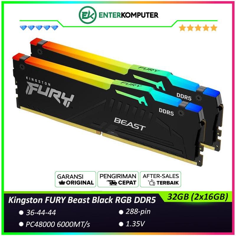 Kingston FURY Beast Black RGB DDR5 PC48000 6000MHz 32GB (2x16GB) 36-44-44 - KF560C36BBE2AK2-32 - foto 1