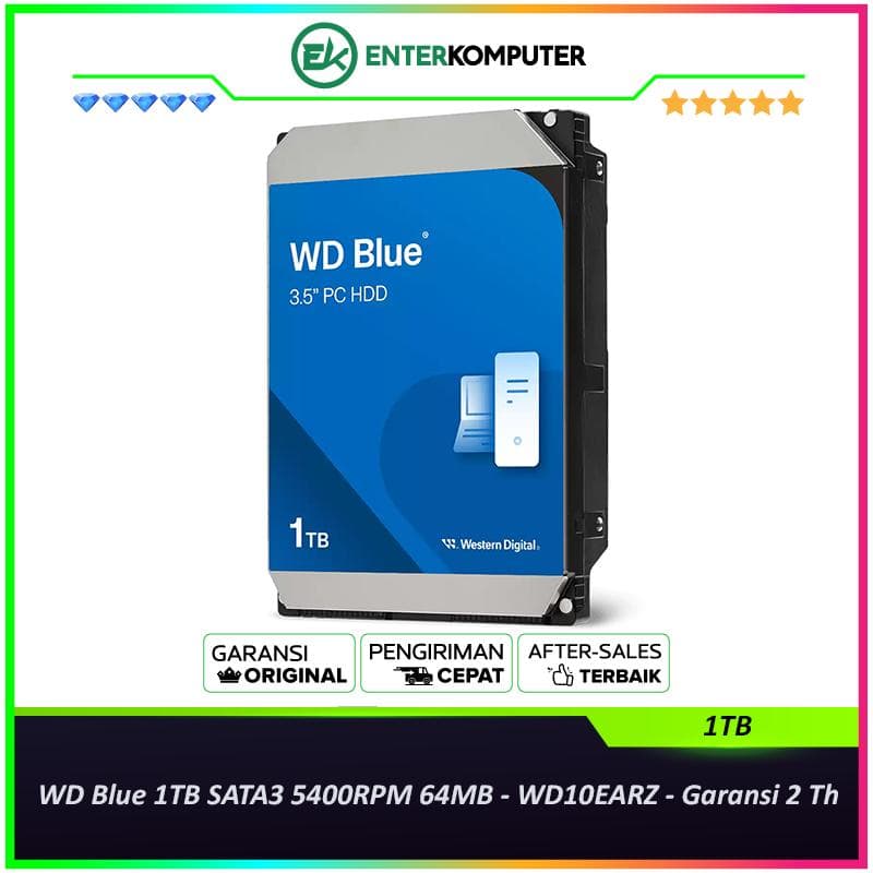 WD Blue 1TB SATA3 5400RPM 64MB - WD10EARZ - Garansi 2 Th - foto 1