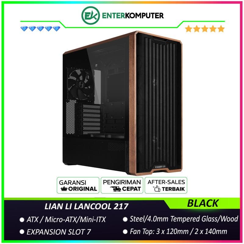LIAN LI LANCOOL 217 BLACK - Wooden Aesthetics with High-Performance Airflow - Back-CONNECT Motherboards Compatible - 4MM Tempered Glass - USB Type C - FREE 2Pcs 170MM Fan + 2Pcs 120MM Fan + 1Pcs 140MM Fan - USB Type C Included - foto 1