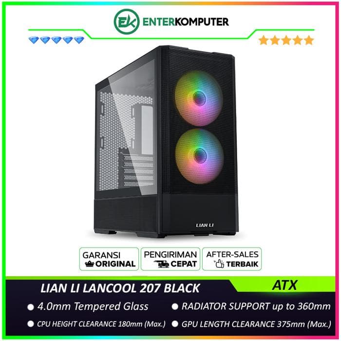 LIAN LI LANCOOL 207 BLACK - 4.0mm Tempered Glass - Front Side PSU with Direct GPU Airflow - Anti-Sag GPU - FREE 2Pcs 140MM ARGB Fan + 2Pcs 120MM PWM Fan - USB Type C Included - foto 1