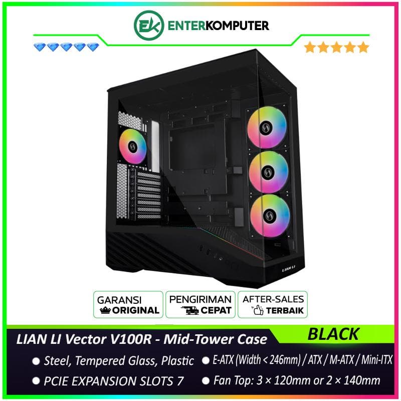 LIAN LI Vector V100R BLACK - Mid-Tower Case - 270° Seamless Visibility with ARGB Lighting Strip - Back-CONNECT Motherboards Compatible - 4MM Tempered Glass - USB Type C - FREE 3Pcs 120MM Reverse ARGB FAN + 1Pcs 120MM ARGB FAN - foto 1