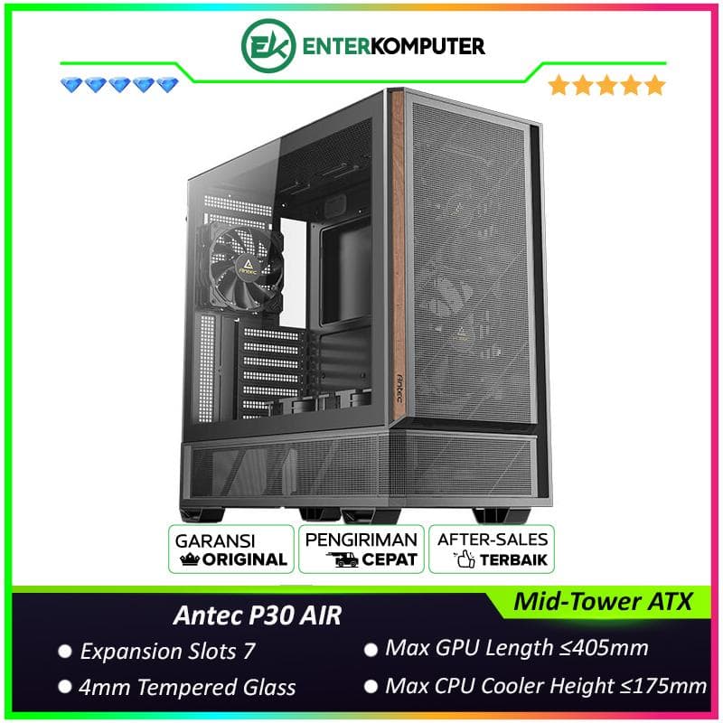 Antec P30 AIR - Mid-Tower ATX Gaming Case - Metal Mesh Meets Premium Wood - Type-C 3.2 Gen 2 Ready - 4mm Tempered Glass Side Panel - Free 2Pcs 140mm PWM fans + 1Pc 120mm PWM fan + 2Pcs 120mm PWM Reverse fans - foto 1