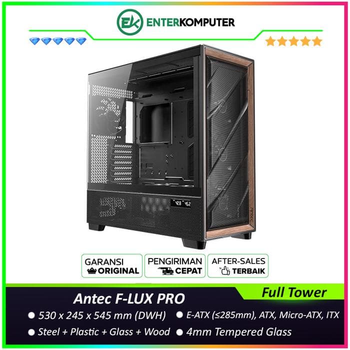 Antec FLUX PRO - Full-Tower - F-LUX Platform - 4mm Tempered Glass Panel with CPU/GPU Temperature Display on PSU Cover - Premium Wood on Front Panel & Right Metal Panel - Type-C Ready - Free 4Pcs 140mm Tranquil PWM Fans + 2Pcs 120mm Reverse PWM Fans - foto 1