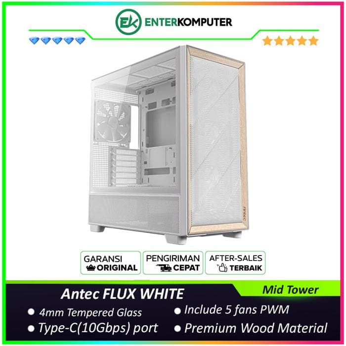 Antec FLUX WHITE - Mid-Tower Gaming Case - F-LUX Platform - 4mm Tempered Glass Side Panel - Premium Wood Material on Front Panel & Right Metal Panel - Type-C 3.2 Gen 2 Ready - FREE 3Pcs 120mm PWM Fans + 1Pcs 120mm Reverse PWM Fans + 1Pcs 140mm PWM Fans - foto 1