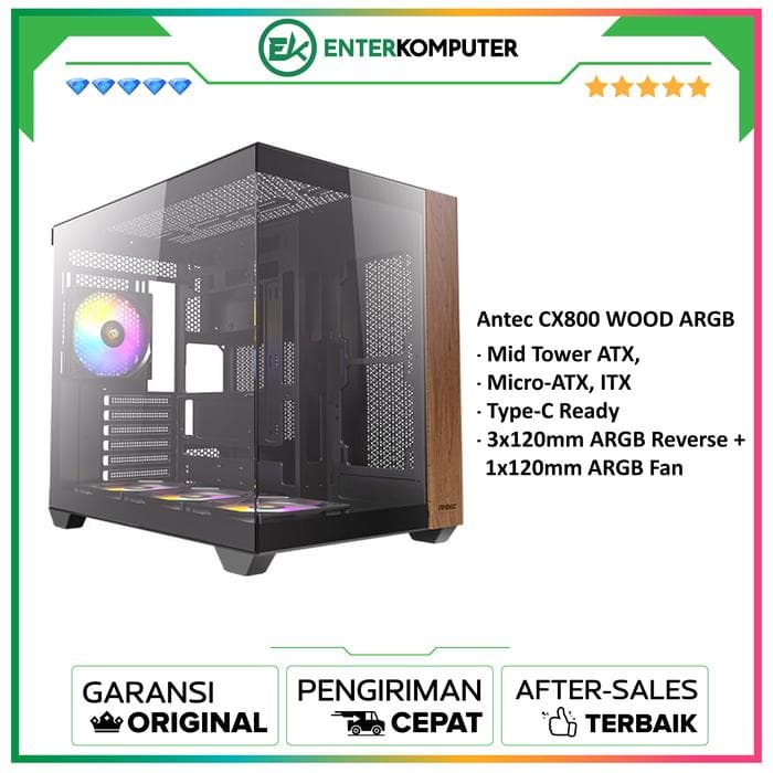 Antec CX800 WOOD ARGB - Mid Tower Gaming Case - Dual Chamber Design - 4mm Tempered Glass with Exotic WOOD - Type C Ready - Free 3Pcs 120mm ARGB Fans Reverse + 1Pcs 120mm ARGB Fans - foto 1