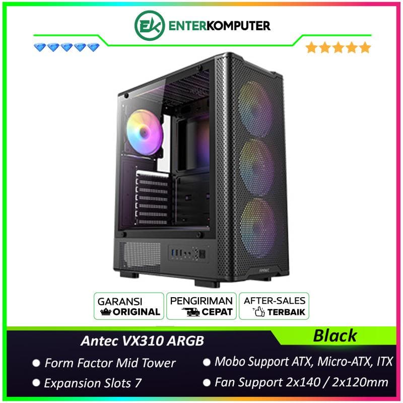 Antec VX310 ARGB - Mid Tower Gaming Case - Stylish Mesh Front Panel - Tempered Glass Side Panel - Free 4Pcs 120mm ARGB Fans - foto 1