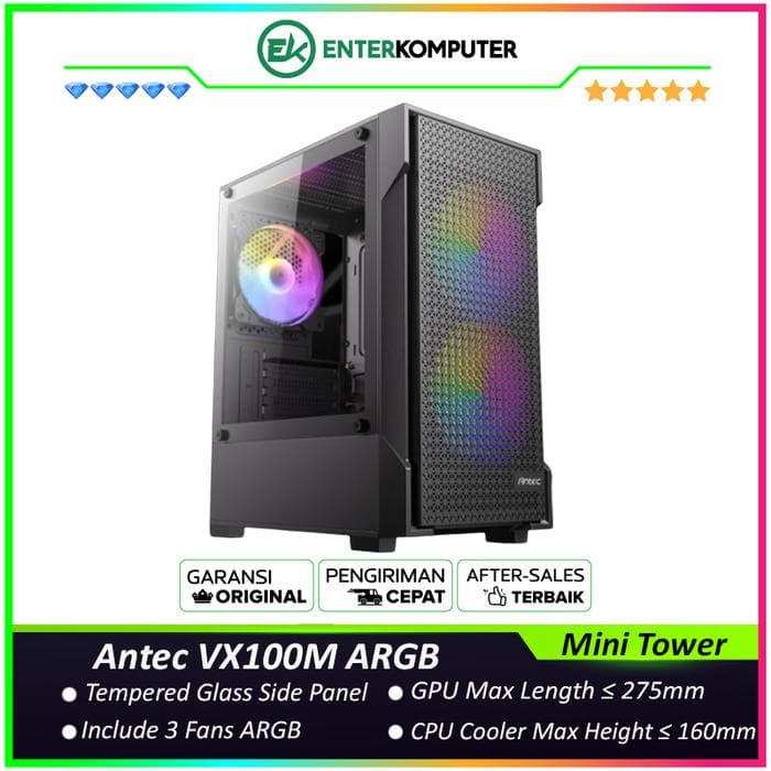 Antec VX100M ARGB - Mini Tower M-ATX Gaming Case - Stylish Mesh Front Panel - Tempered Glass Side Panel - Free 3Pcs 120mm ARGB Fans - foto 1